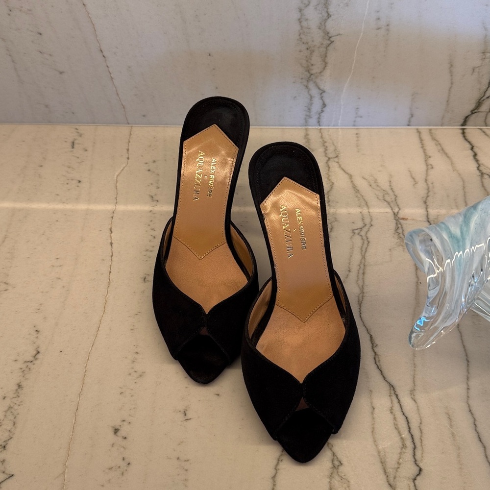 AQUAZZURA  Alex Rivière 85 Black Suede Peep-toe Mules 35/5 (actual photos soon)